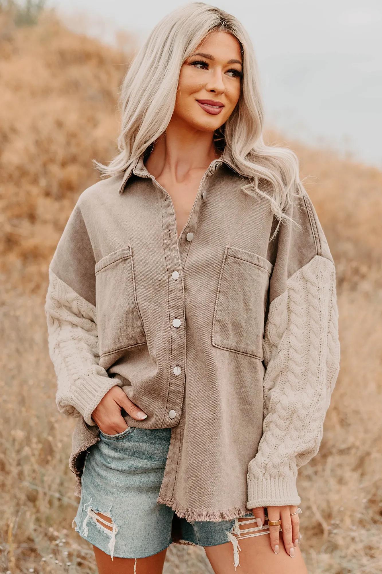 Brushed Microfiber Surface Softly Styled Knit Sleeve Denim POL Jacket (Chocolate/Almond)