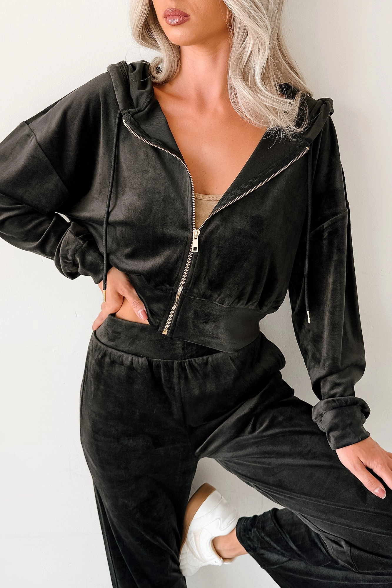 Up And Running Zenana Velvet Two Piece Set (Black) Double Layered Hem Reinforcement EcoDyeProcess