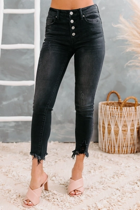 ReflectiveDetails Textured Weave Pattern Cambria Mid-Rise Button-Fly Raw Hem Skinny Risen Jeans (Black)