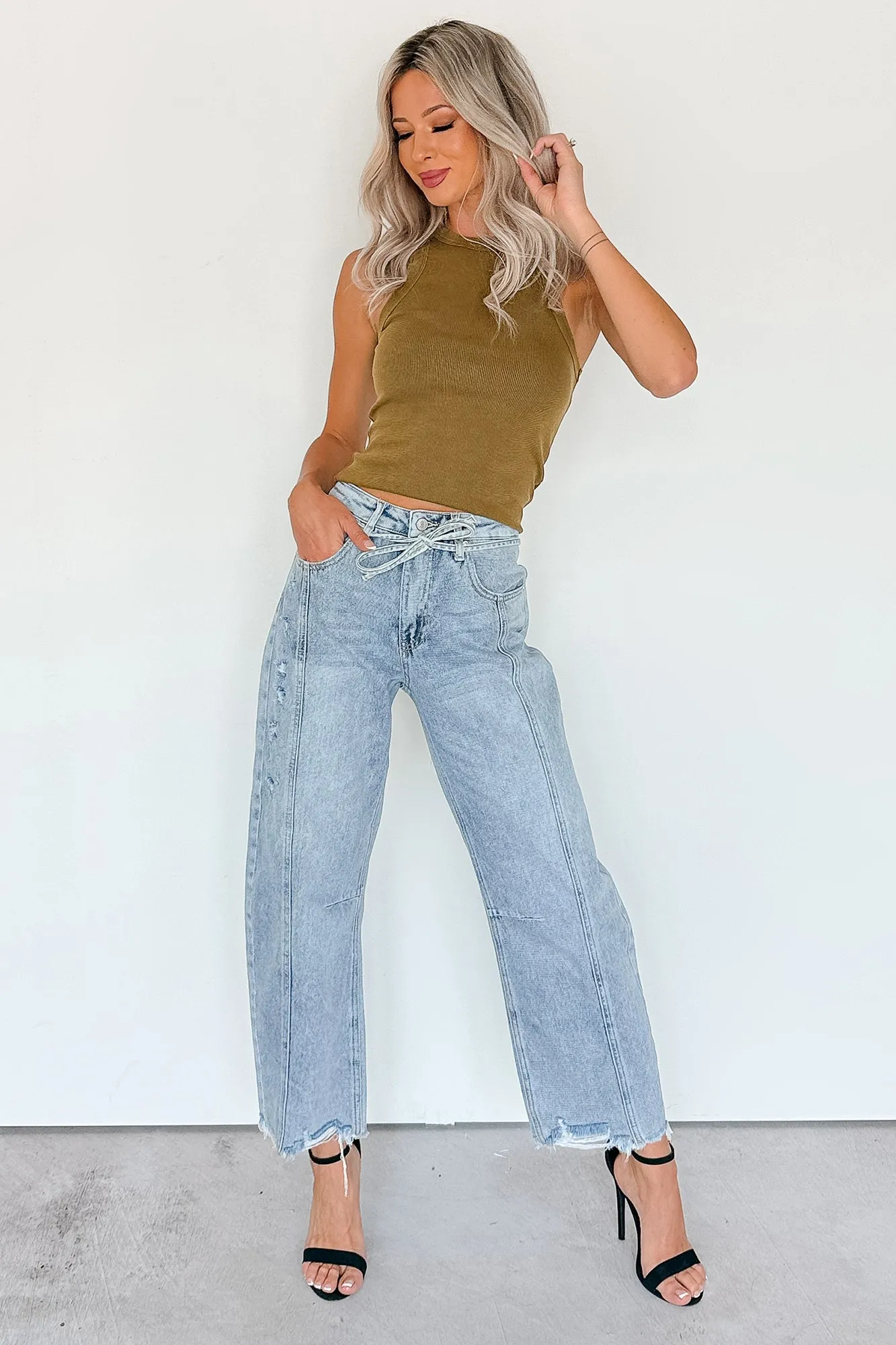 Solara High Rise Waist Tie Saige Denim Barrel Jeans (Light Wash) HighDurabilityWeave