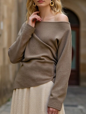 Double Needle Hemming FourWay Stretch Solid color knit slant shoulder all-in-one casual top