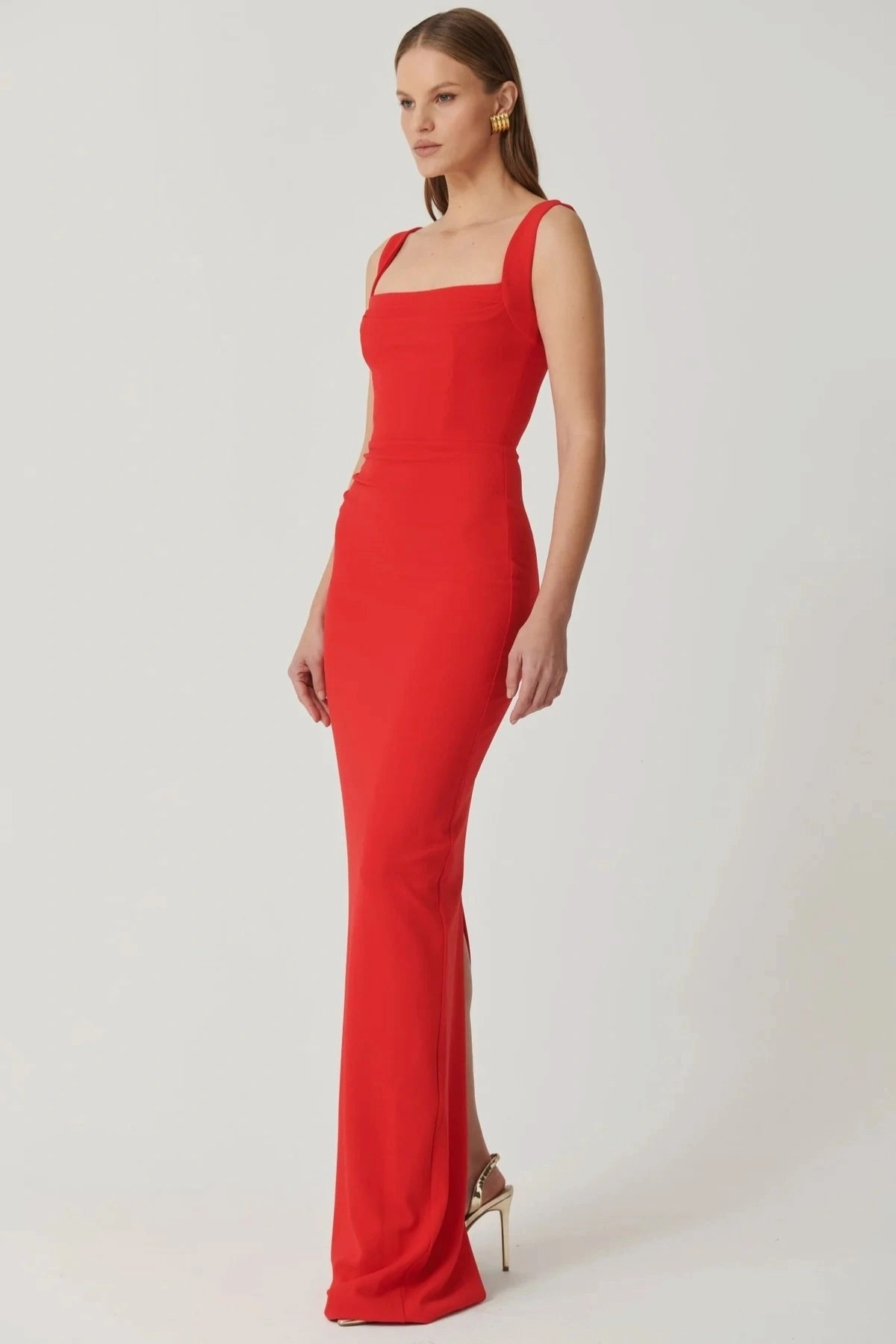 Marbella Gown Cherry Red Modern Silhouette Quilted-Texture