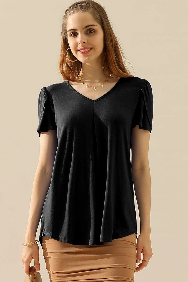 SOLID V NECK SHORT TULIP SLEEVE TUNIC TOPS Soft Touch Texture