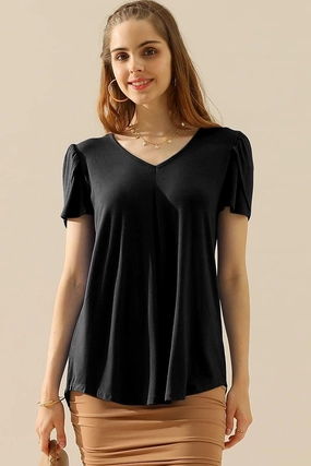 SOLID V NECK SHORT TULIP SLEEVE TUNIC TOPS Soft Touch Texture