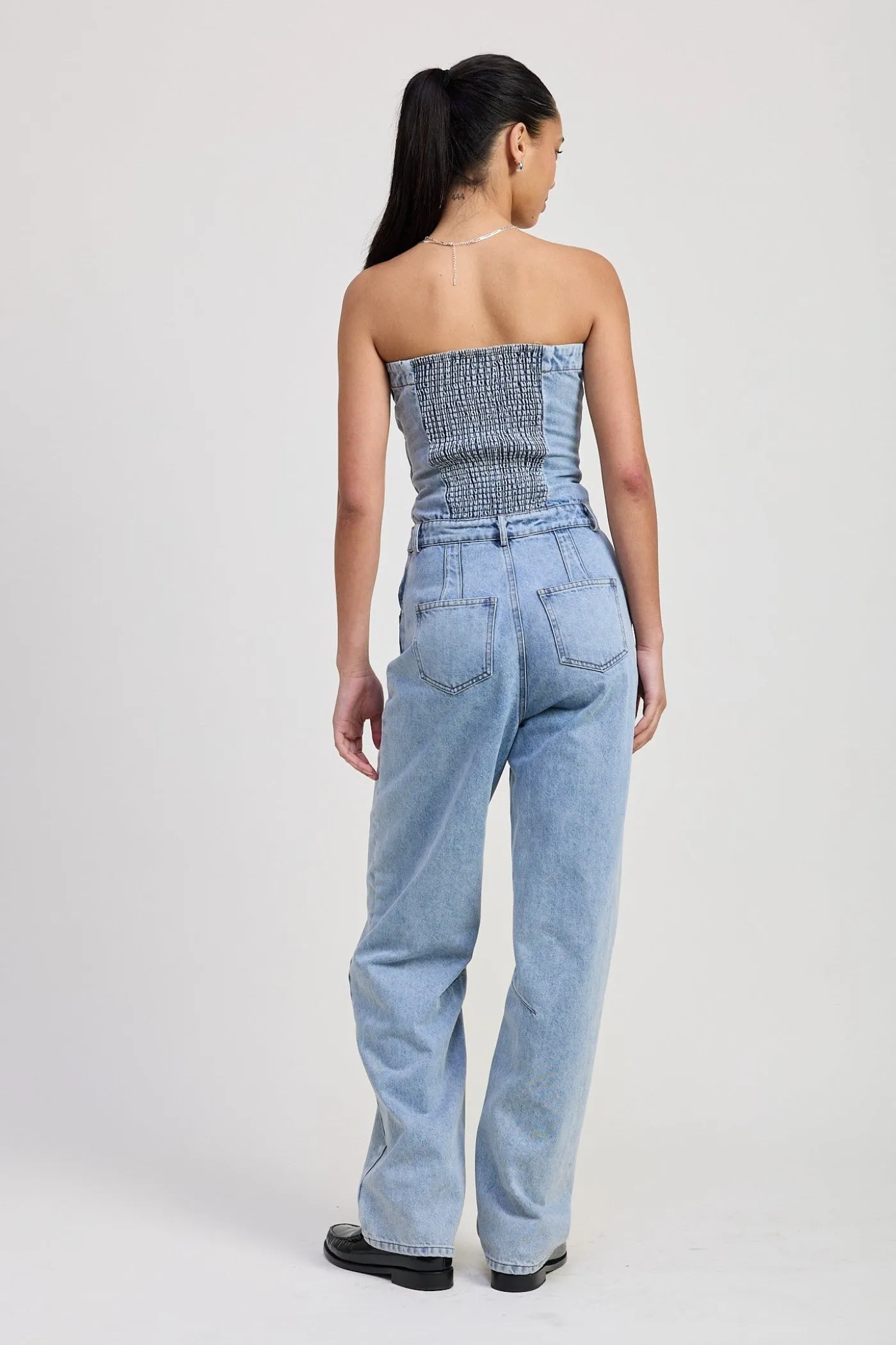 Wrinkle Resistant Treatment sporty wear SOPHIA STRAPLESS DENIM JUMPSUIT