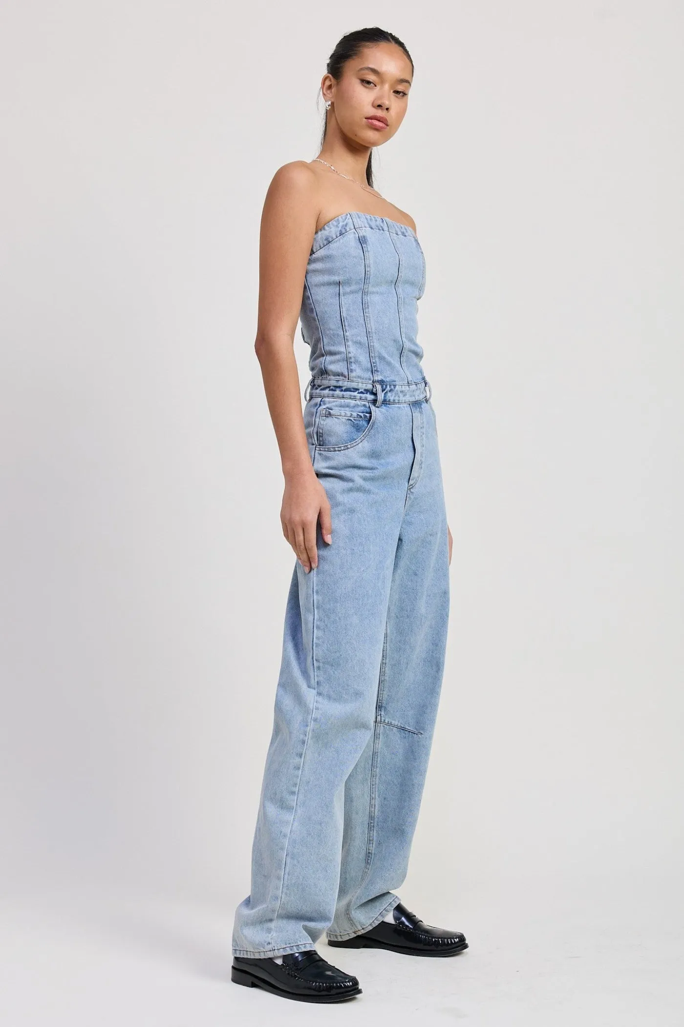 SOPHIA STRAPLESS DENIM JUMPSUIT Reinforced Neckline Detail