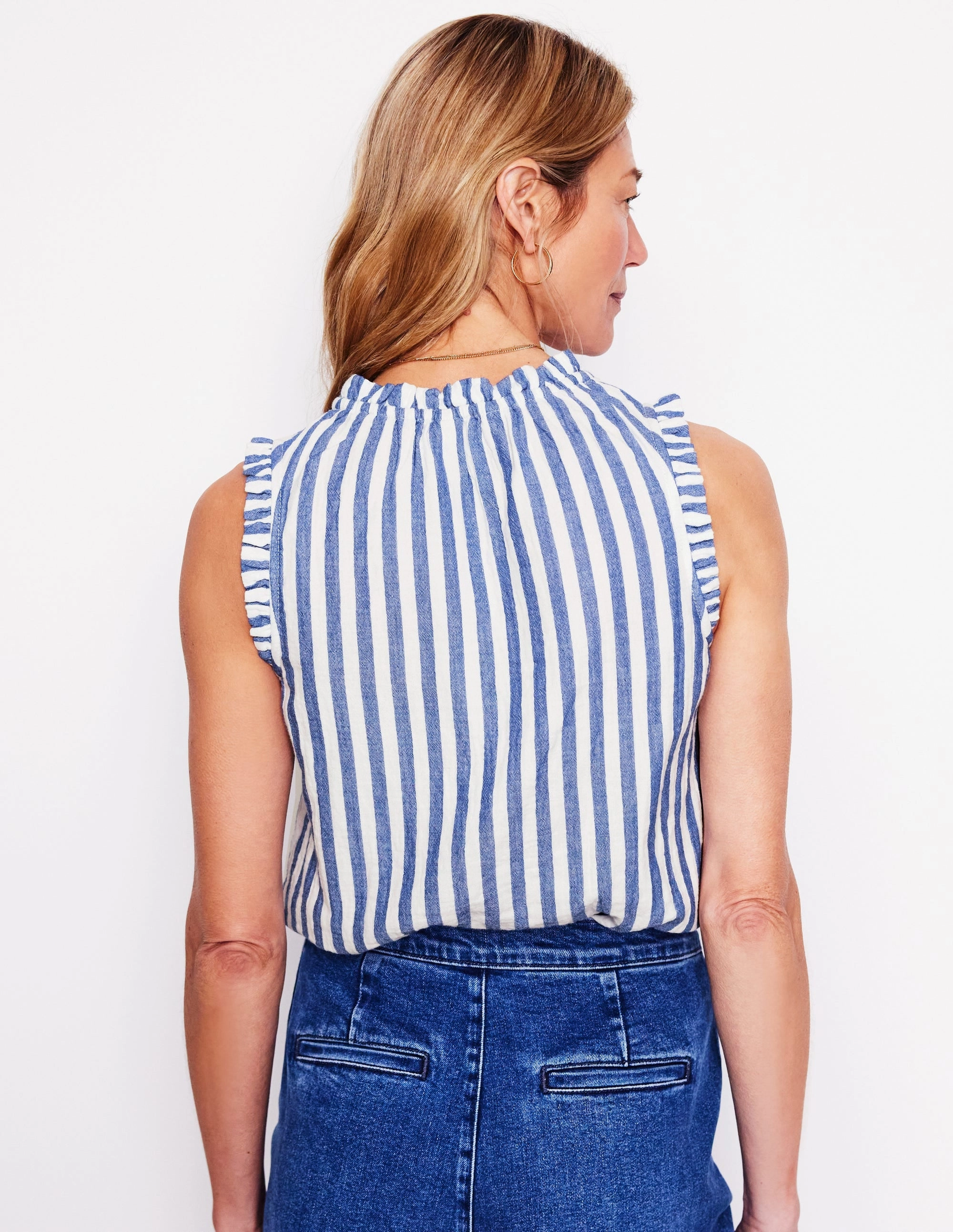 Sophie Ruffle Double Cloth Top-Bright Blue Stripe Office Look