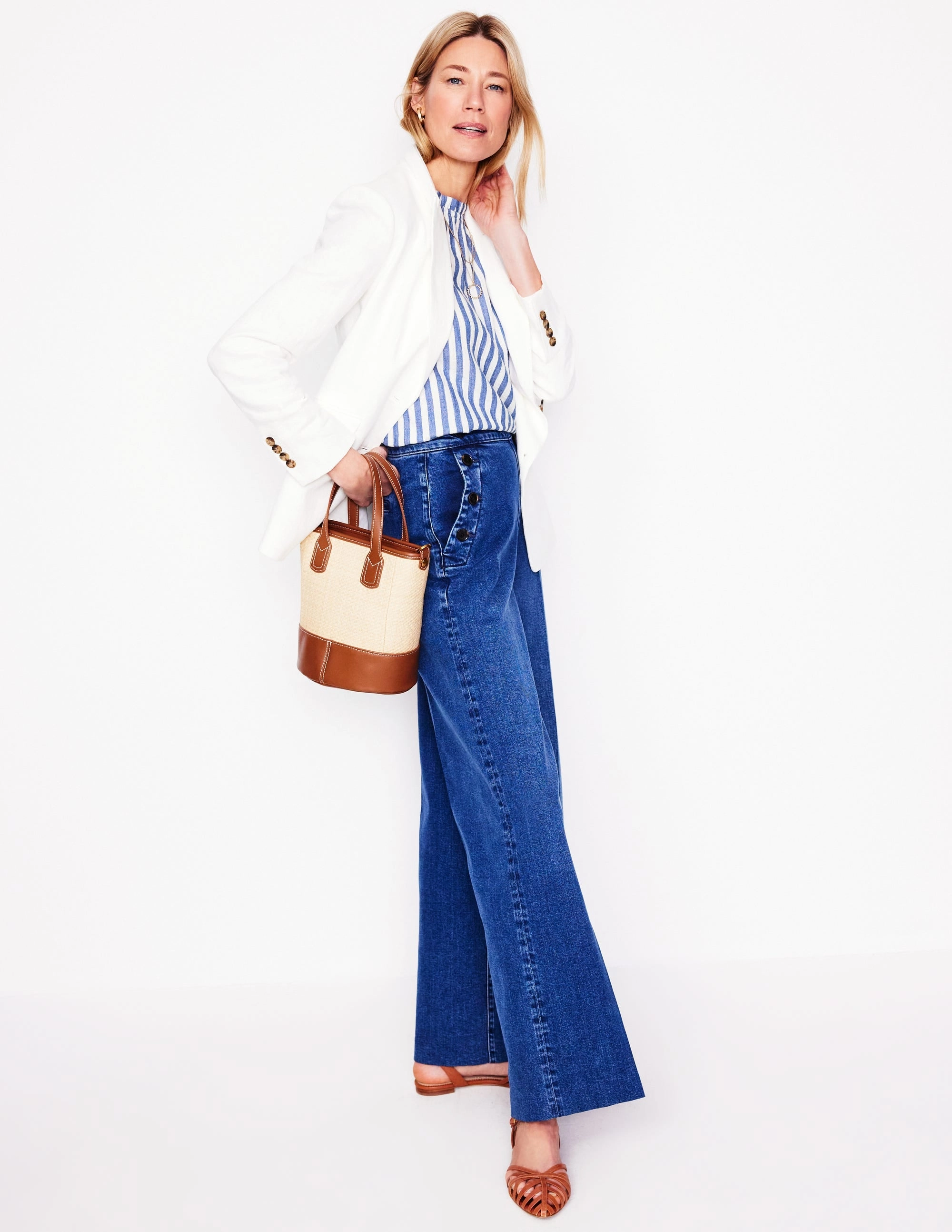 Sophie Ruffle Double Cloth Top-Bright Blue Stripe Durable Fiber Blend