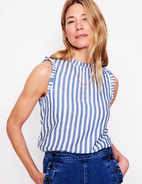 Durable Stitching Sophie Ruffle Double Cloth Top-Bright Blue Stripe