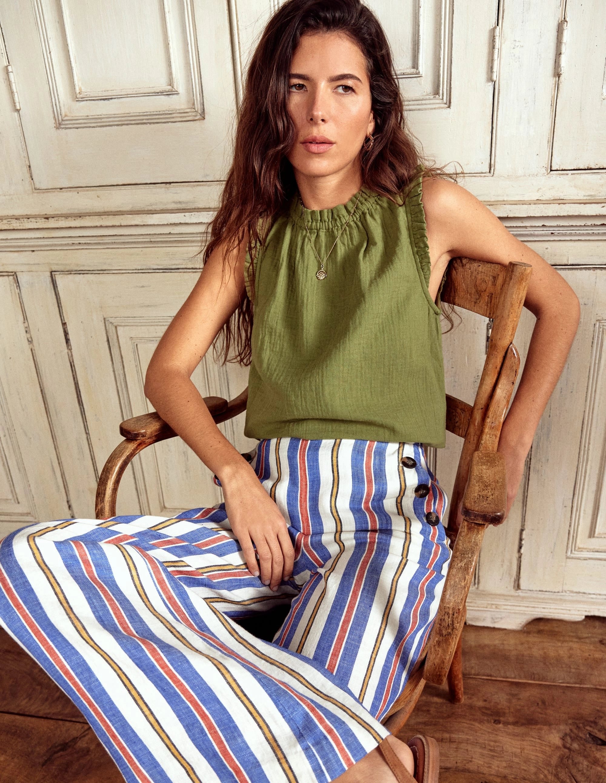 Sophie Ruffle Double Cloth Top-Olive Green Reversible design Quick Dry Performance