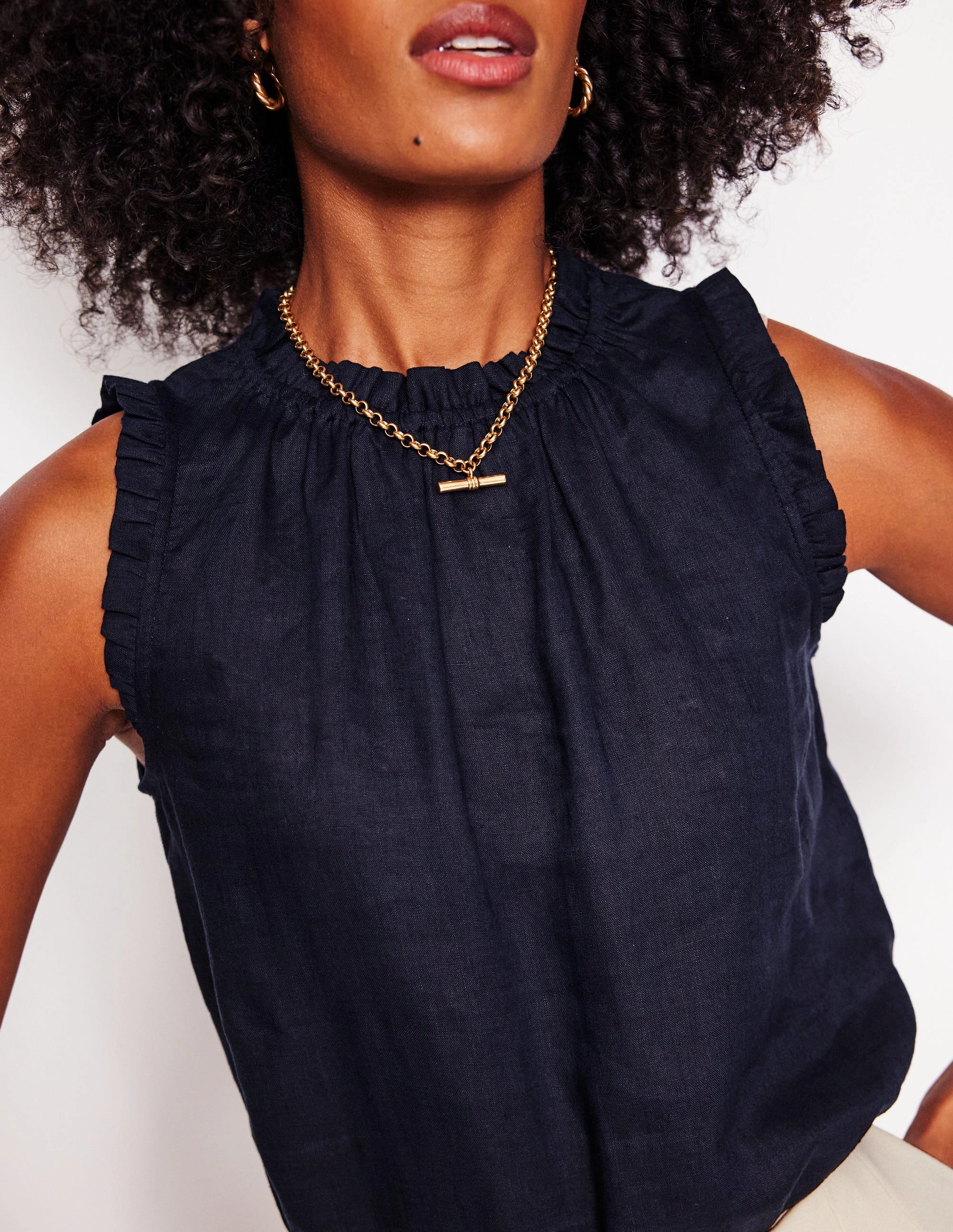Buttery Soft Handfeel Layered Collar Sophie Ruffle Linen Top-Navy