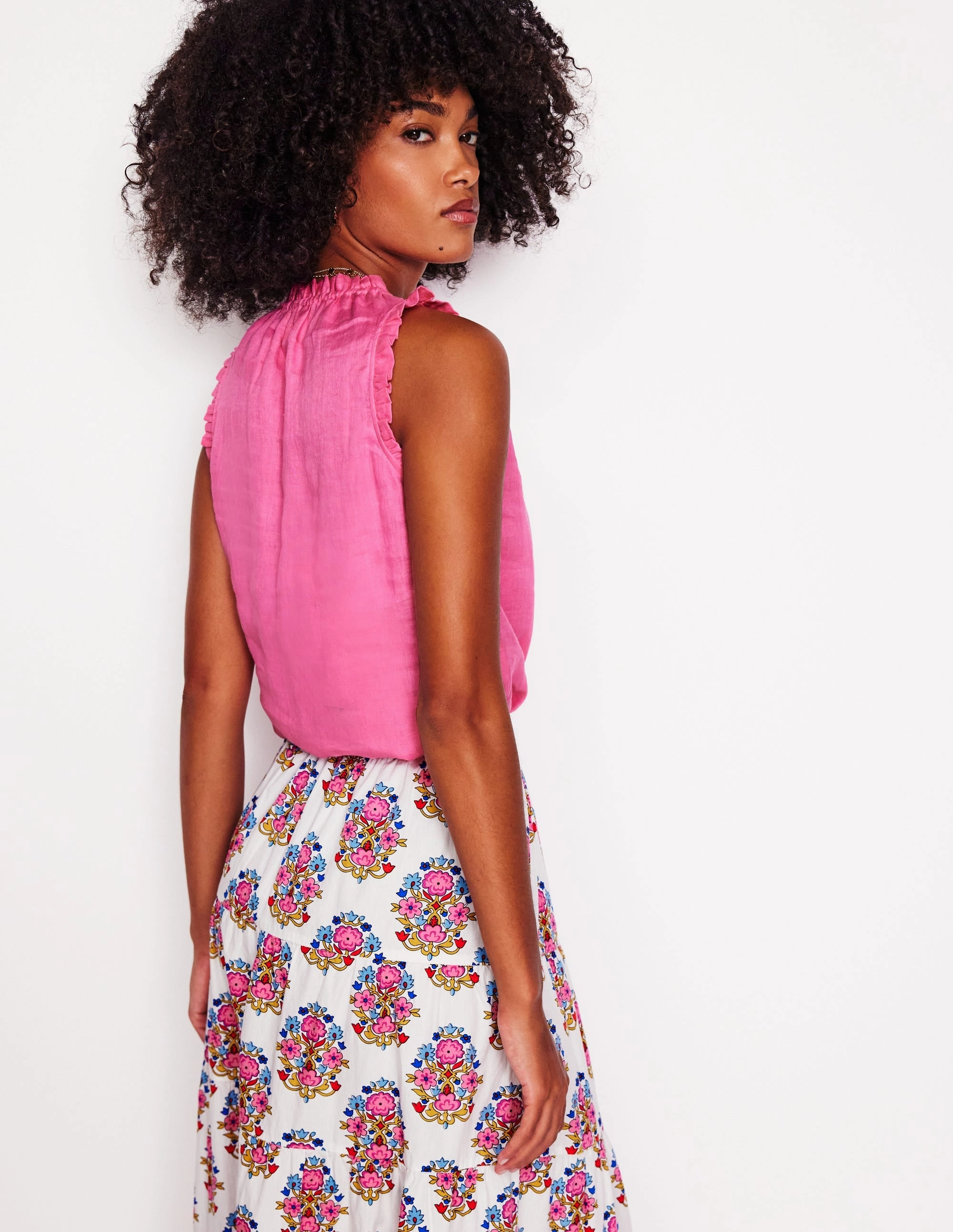 Textured Weave Pattern Ribbed collar Sophie Ruffle Linen Top-Pink Rose