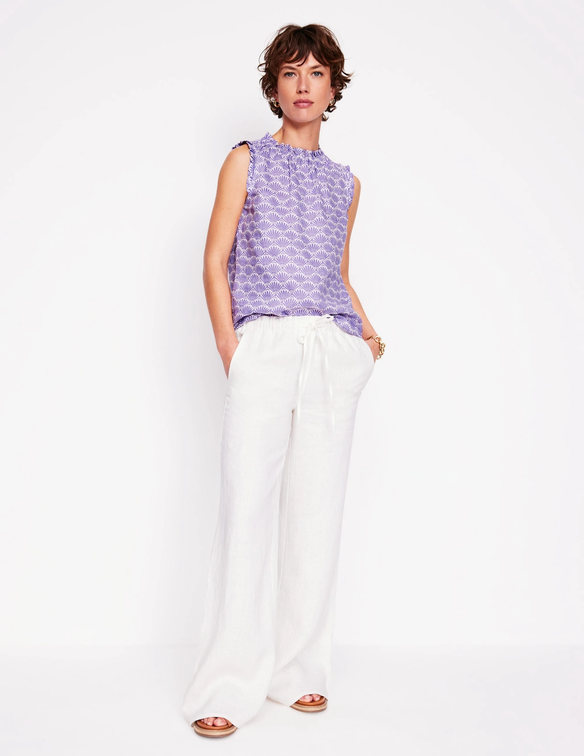Sophie Ruffle Linen Top-Purple, Deco Palm Convertible Collar