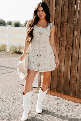 New York Non-Iron Prairie Blossom Western Denim Mini Dress (Sand)