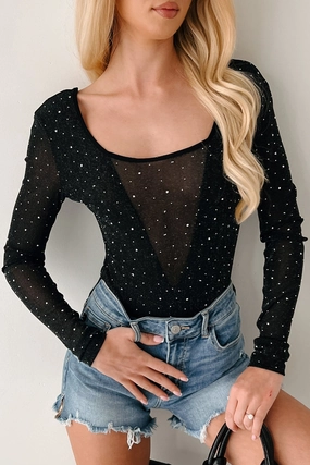 Fresh Fit Sparkle Over Stress Rhinestone Mesh Bodysuit (Black)