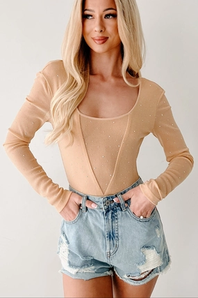 Trendy Comfort Sparkle Over Stress Rhinestone Mesh Bodysuit (Nude)