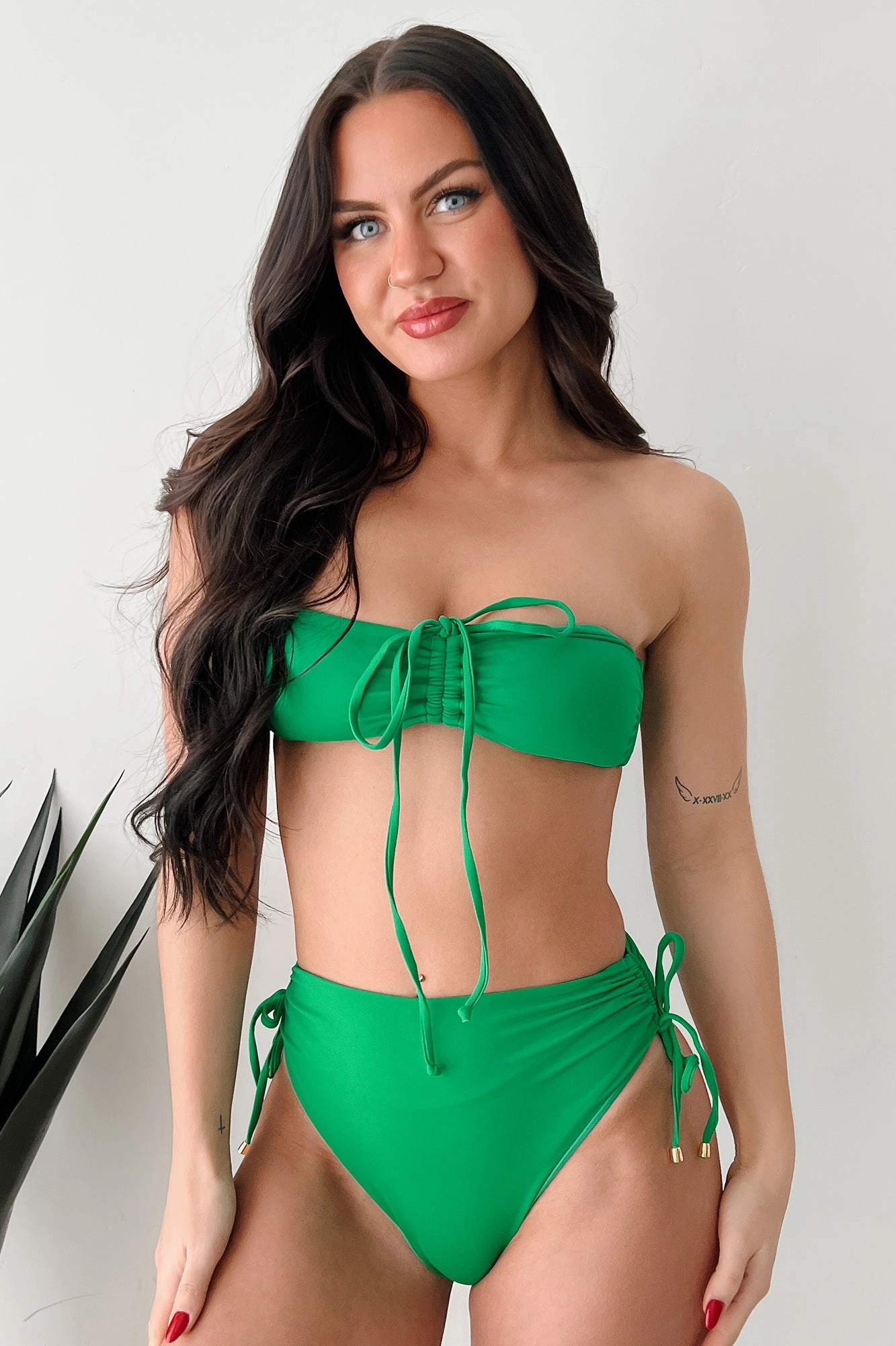 Tummy Control Panel Splashing Around Bandeau Two Piece Bikini Set (Emerald Green)