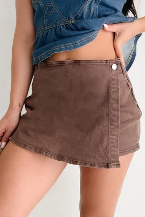 Stay True To You Denim Mini Skort (Mahogany) Durable Weave Fabric