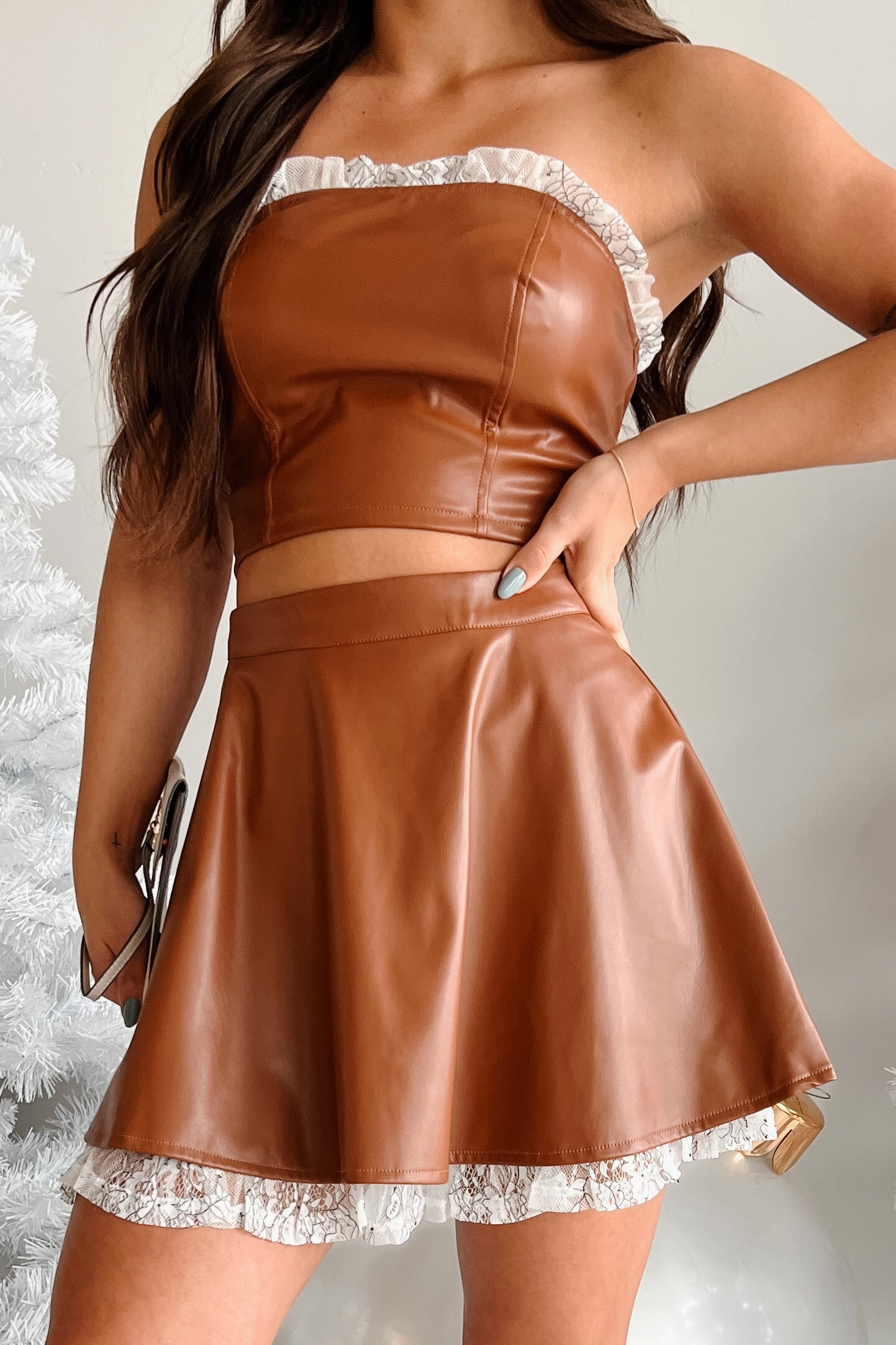 Transitional Style DOORBUSTER Always Flirty Ruffle Lace Faux Leather Skirt (Brown)