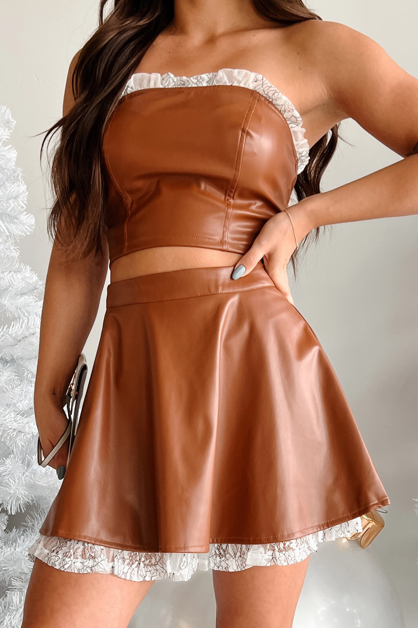 Smart Utility Rubberized Hem DOORBUSTER Always Flirty Ruffle Lace Faux Leather Skirt (Brown)