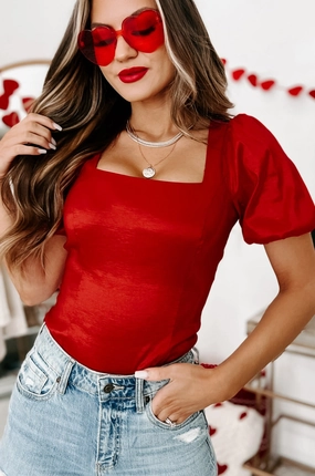 Spreading Cheer Puff Sleeve Bodysuit (Red) Four Way Stretch Material