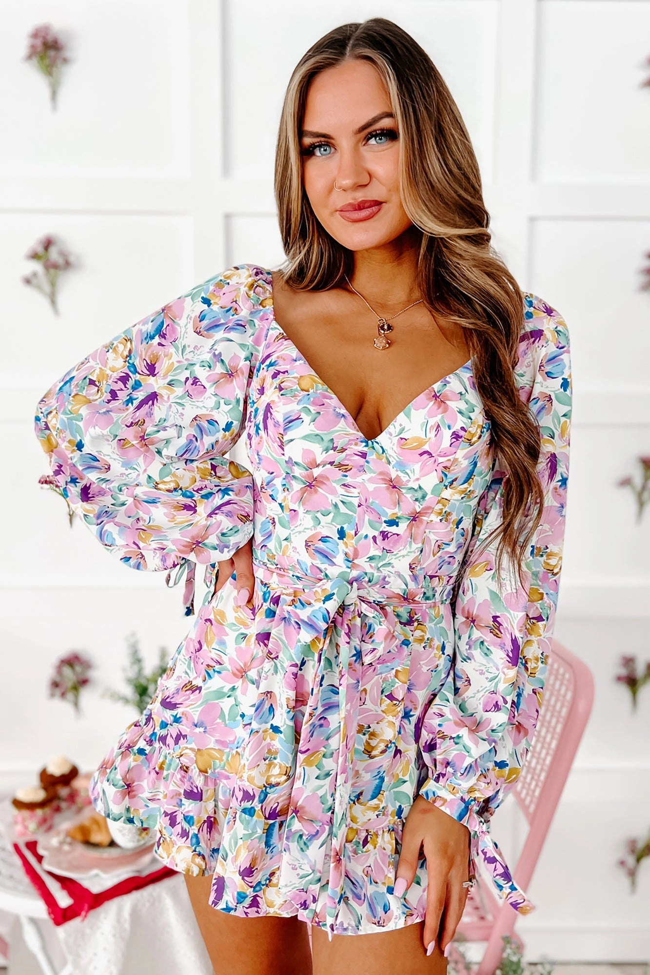 Spring Sweetie Long Sleeve Floral Romper (White Multi) Durable Reinforced Elbow Patches