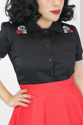 Embroidered Skulls and Roses Black Western Women Top #E-SRBWT MultipanelLayout