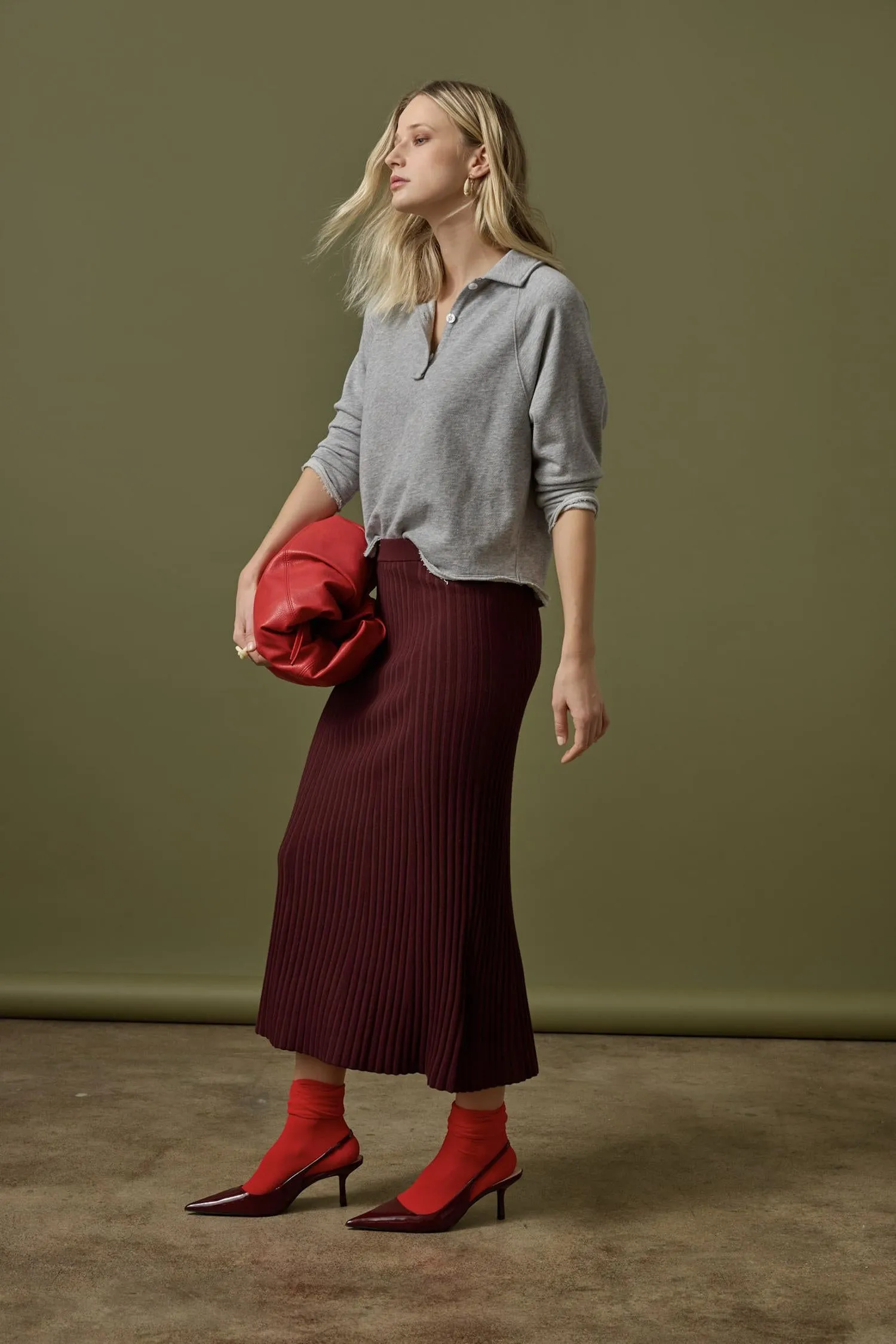 Straight Rib Skirt in Dark Cherry Smooth Layer Button Details