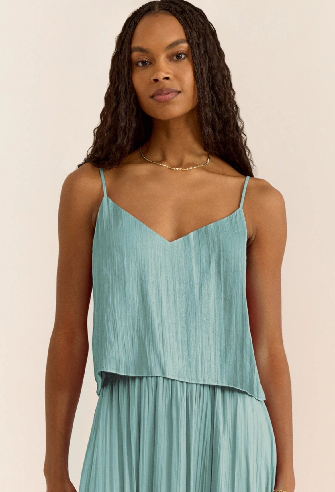 summer top Sustainable Material Blend Fiore Crinkle Satin Tank in Sea Pine
