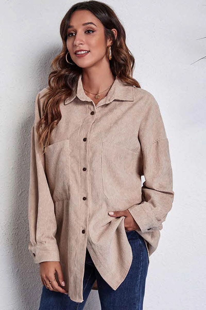 STITCHING POCKETS CORDUROY SHIRT Flattering Drape