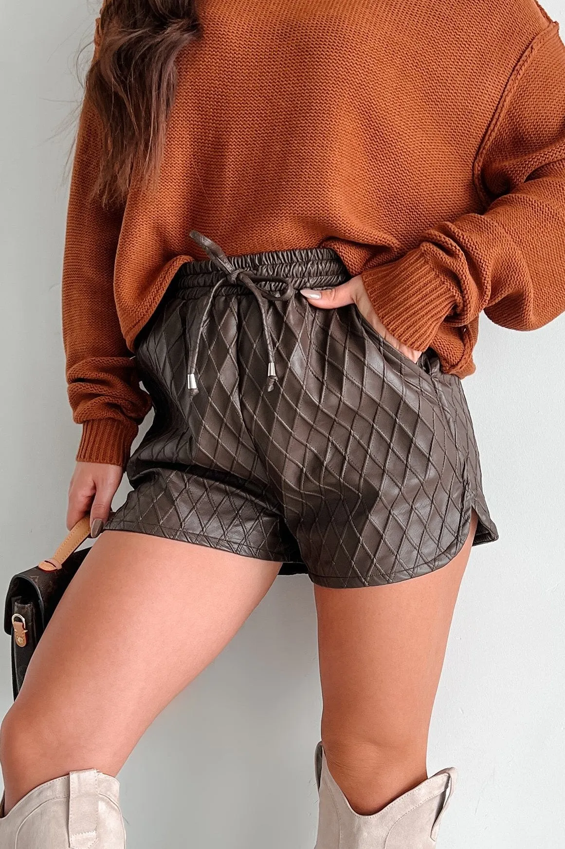 Stop Pretending Faux Leather Quilted Texture Shorts (Chocolate) SmoothZipClosure
