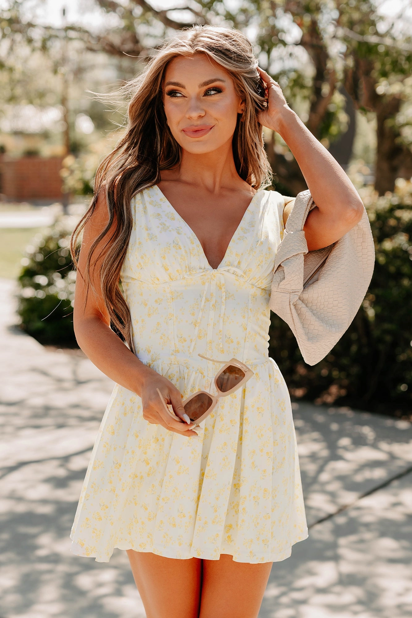 Stop & Bloom Sleeveless Floral Mini Dress (Yellow) Subtle pattern Flattering Look Wear