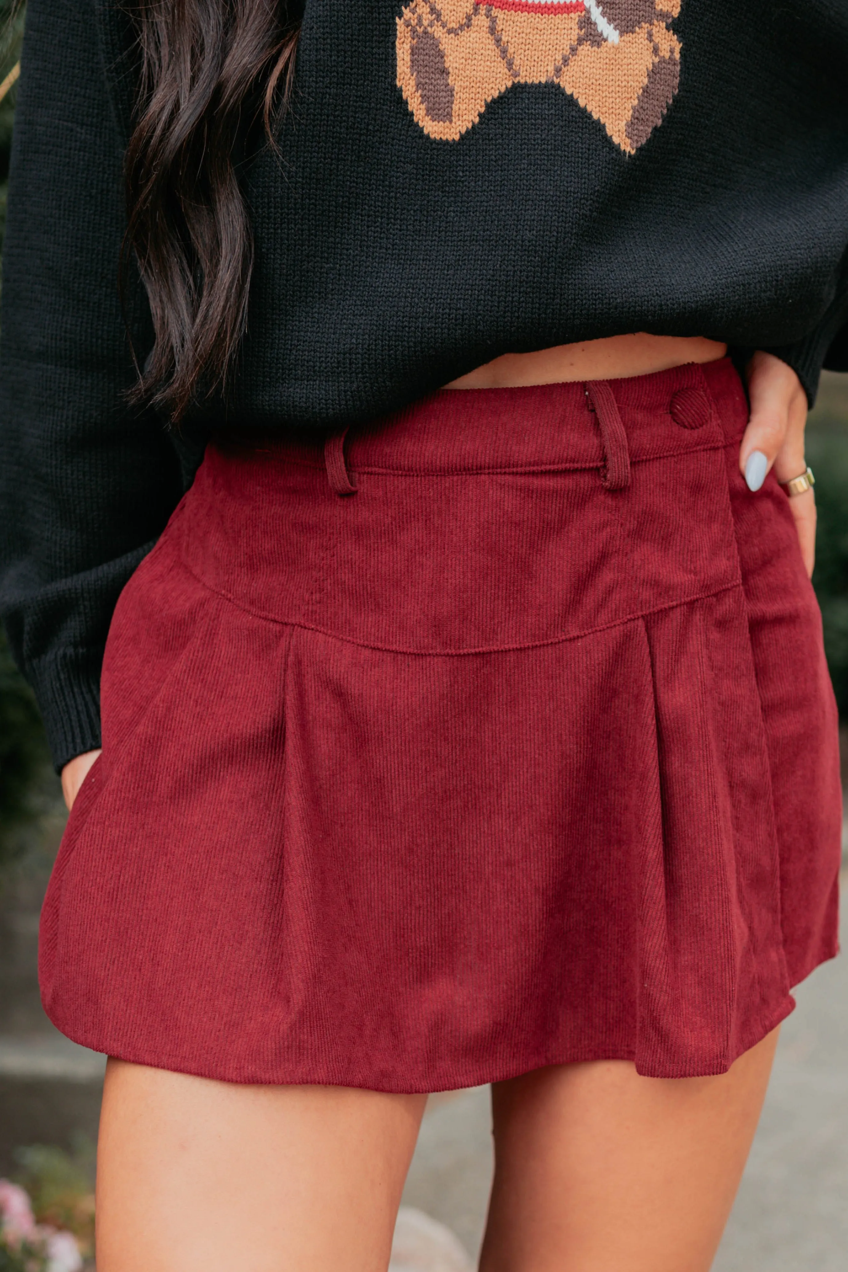 Story Unfolds Corduroy Pleated Wrap Skort (Burgundy) Quick Layer Wear Seamless Design