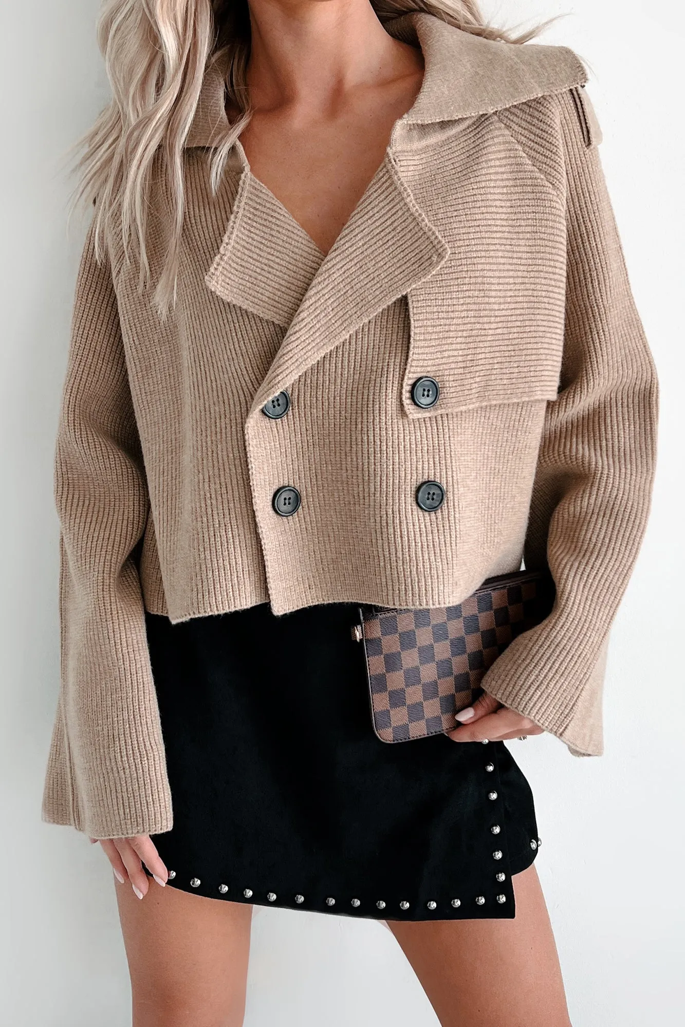 Expressing My Opinion Sweater Knit Crop Trench Jacket (Taupe) Hooded Versatile Design