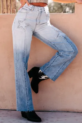 DOORBUSTER Evianna Mid-Rise Rhinestone Star Straight Leg Jeans (Light Wash) Artist Vibe Comfy