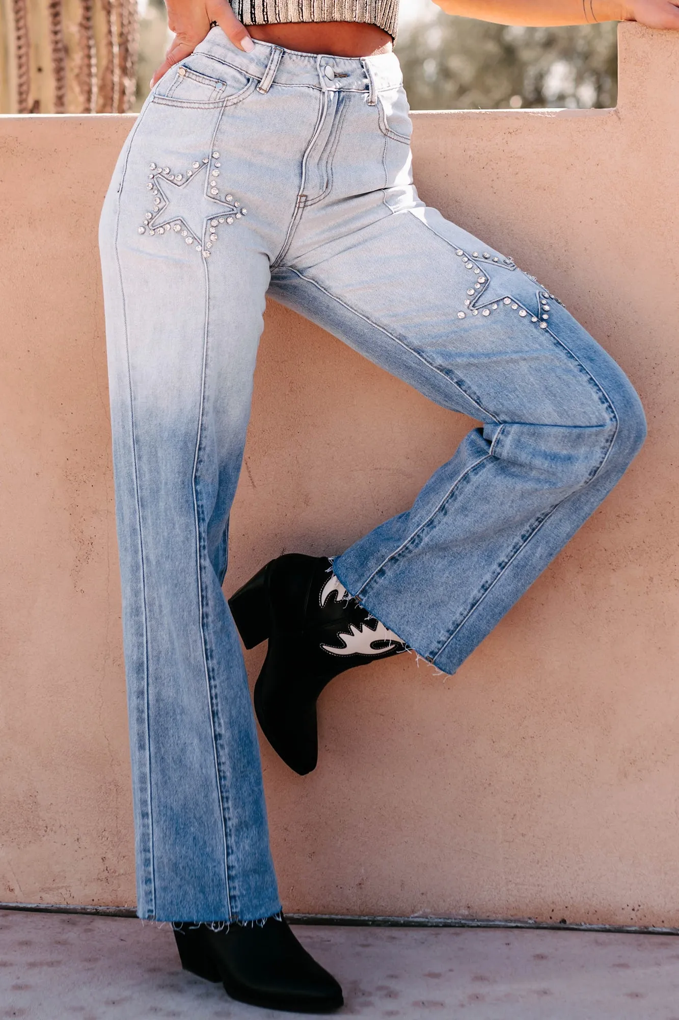 Rainy Day Vintage Lover DOORBUSTER Evianna Mid-Rise Rhinestone Star Straight Leg Jeans (Light Wash)