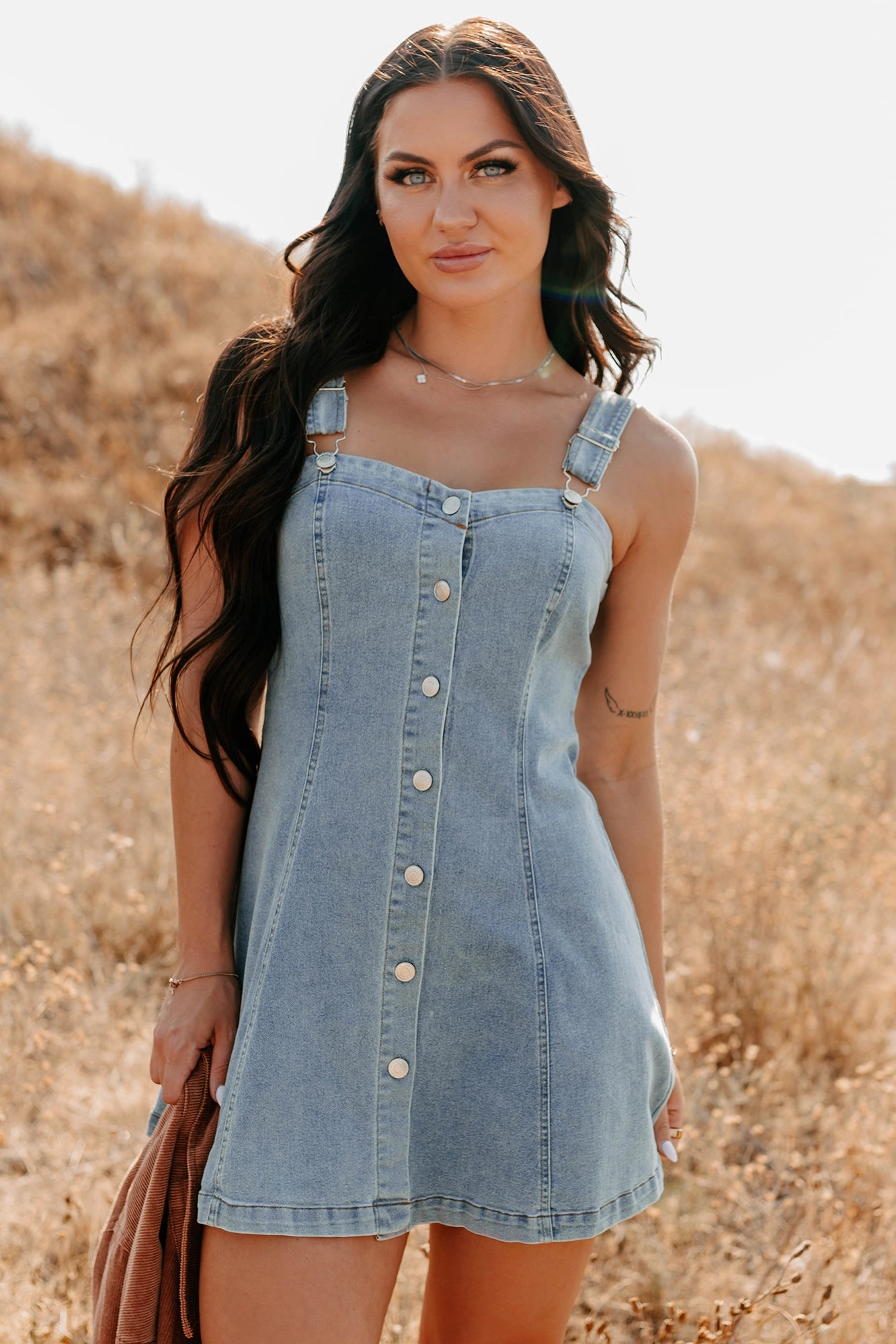 No Turning Back Denim Overalls Strap Mini Dress (Light Denim) Basic Warm Garden Fresh