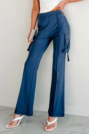 Versatile Layer Linen blend Easy Does It High Rise Cargo Bootcut Leggings (Blue)