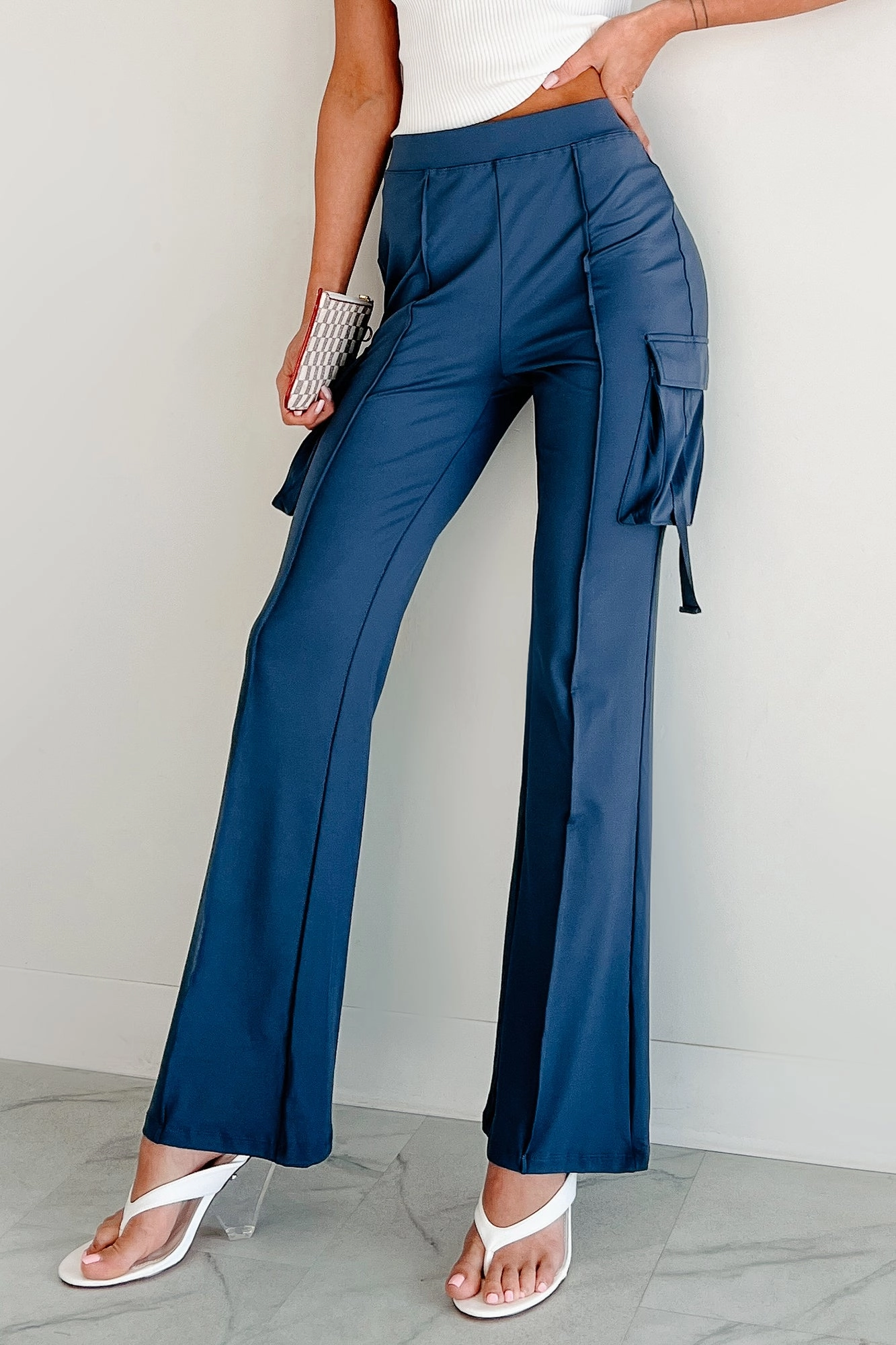 Breathable Waistband Easy Does It High Rise Cargo Bootcut Leggings (Blue)