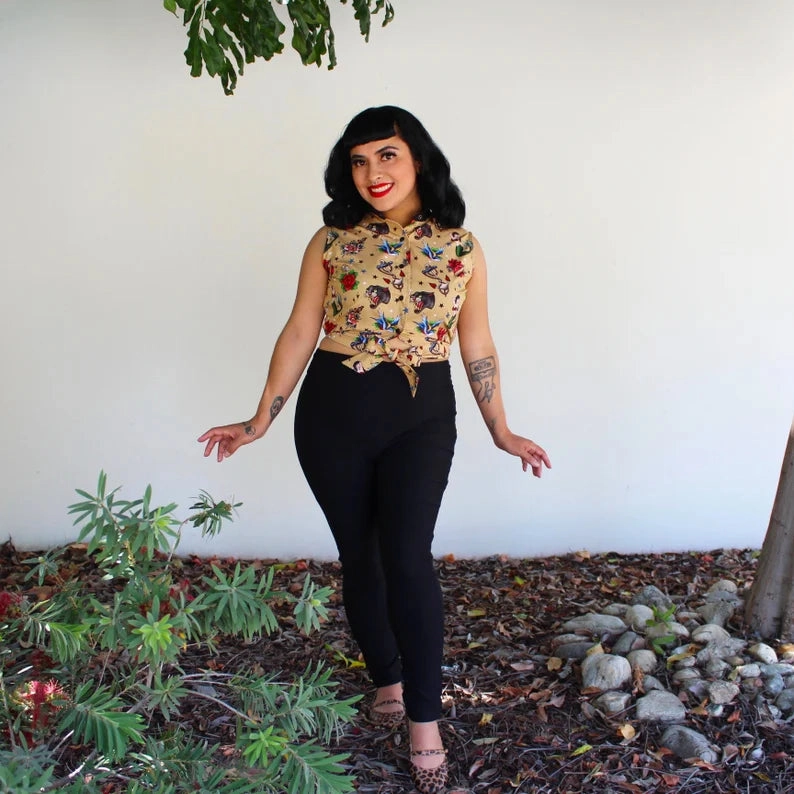 Tattoo Art Sleeveless Tie Crop Top #TKT Adjustable Hem Cuff