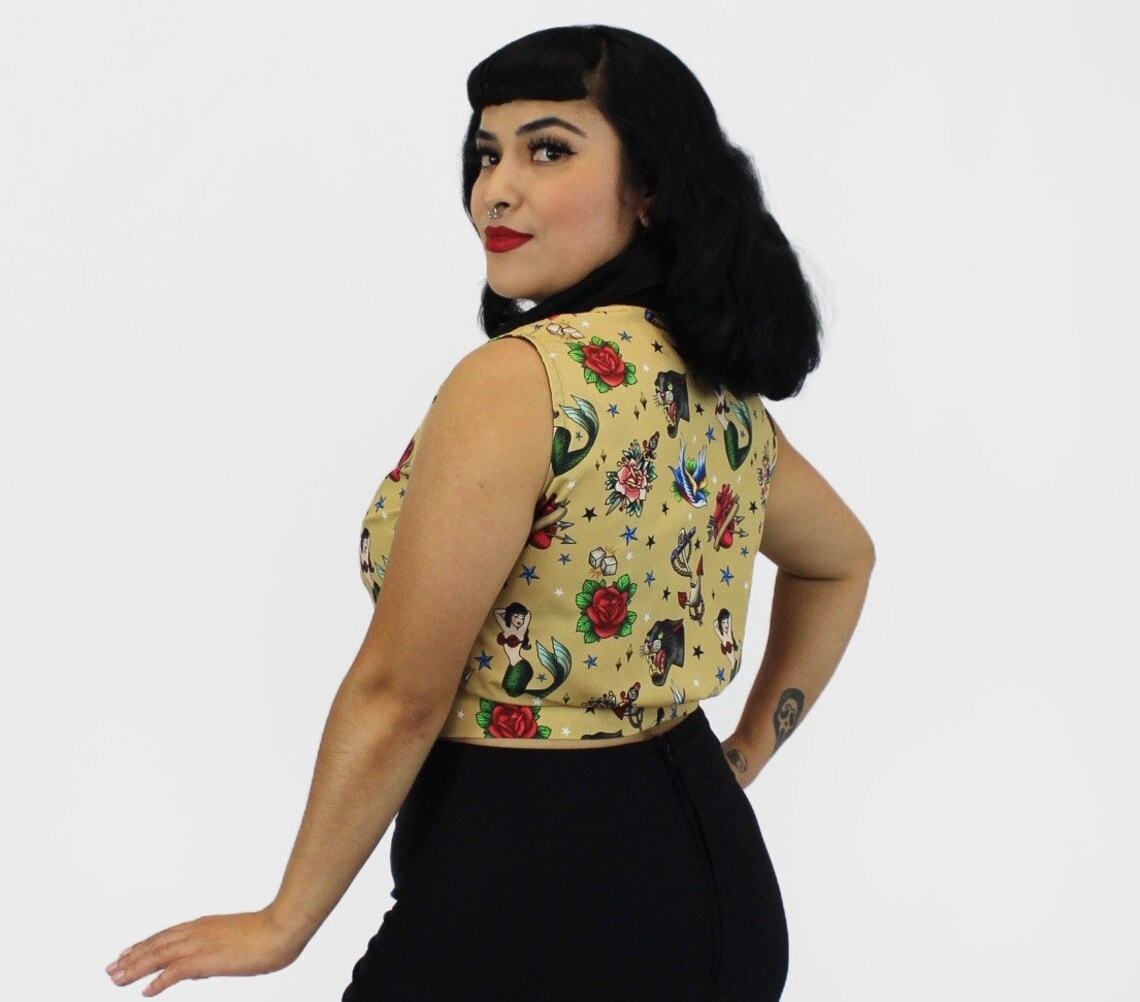 Bamboo Fiber Fabric CroppedLength Tattoo Art Sleeveless Tie Crop Top #TKT