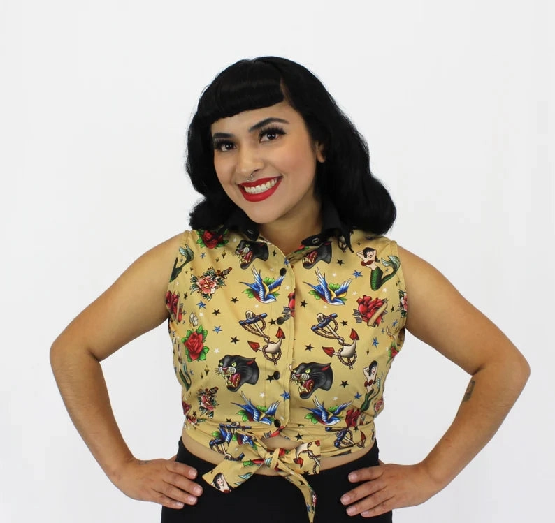 MultiPurposeUtility Roll Up Sleeve System Tattoo Art Sleeveless Tie Crop Top #TKT