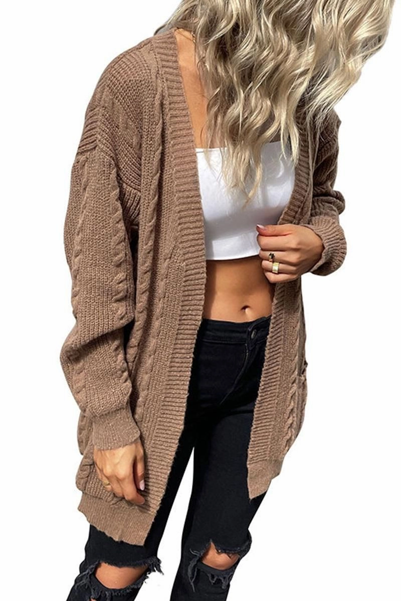 CABLE KNIT OPEN FRONT MIDI LENGH CARDIGAN Reinforced Elbow Patches