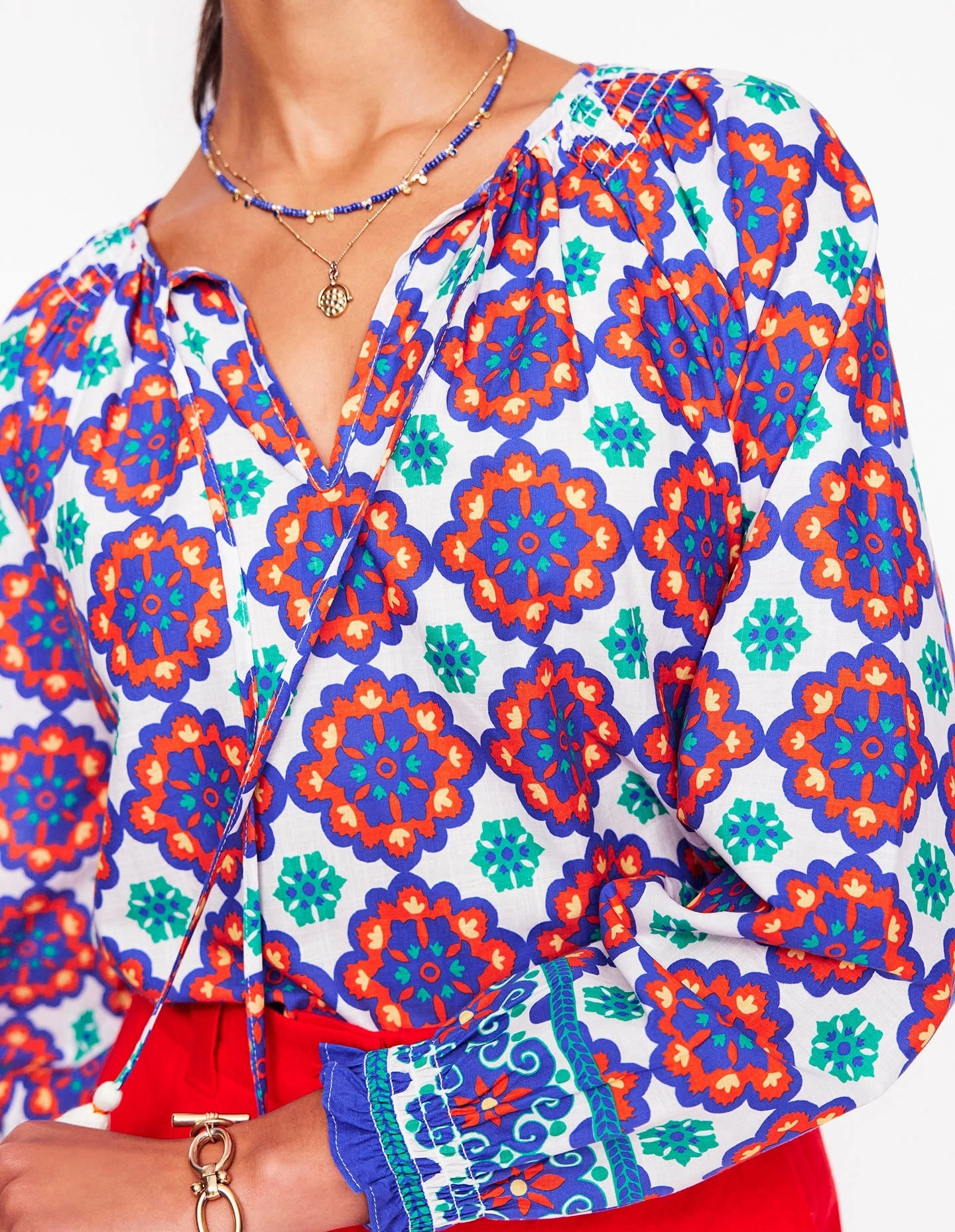 Easy Cotton Blouse-Bright Blue, Bloom Geo Casual Blouse