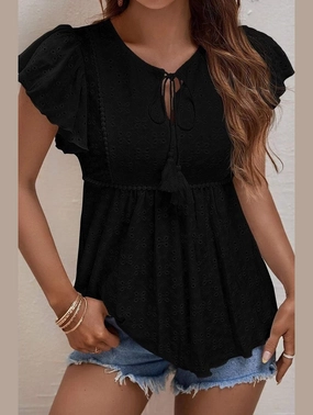 RUFFLED SLEEVE TIE NECK TUNIC TOP FoamReinforcedCollar