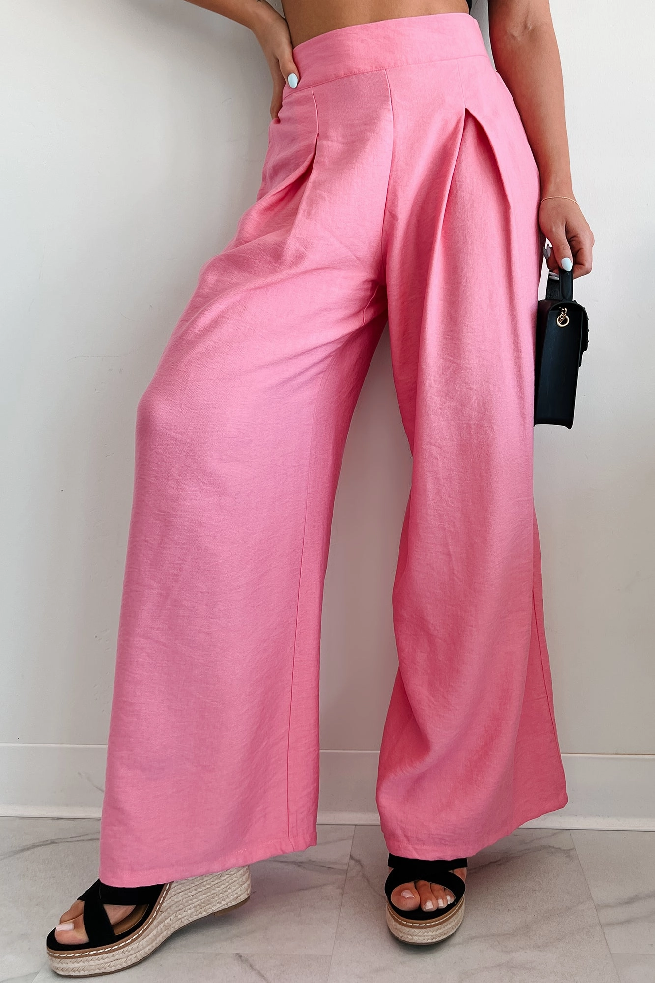 Stylish Waistband Neutral Style Energetic Response High Rise Pleated Wide Leg Pants (Pink)