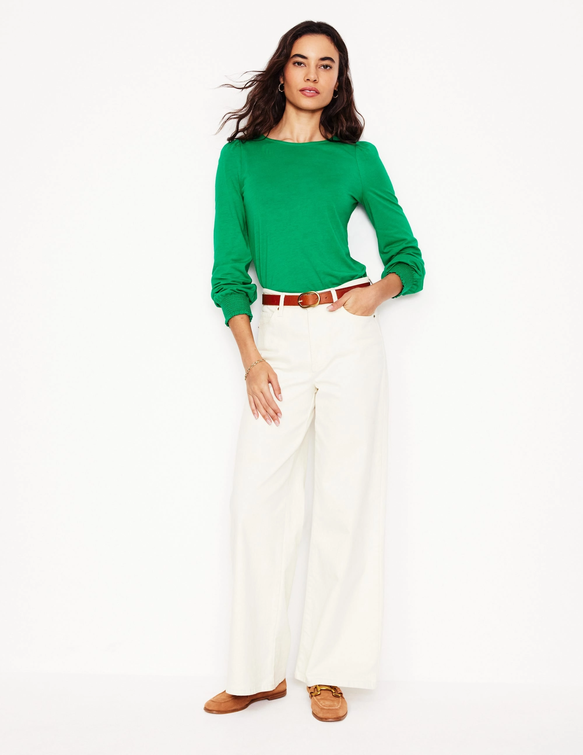 PreShrunkFabric TemperatureRegulating Material Smocked Cuff Supersoft Top-Rich Emerald