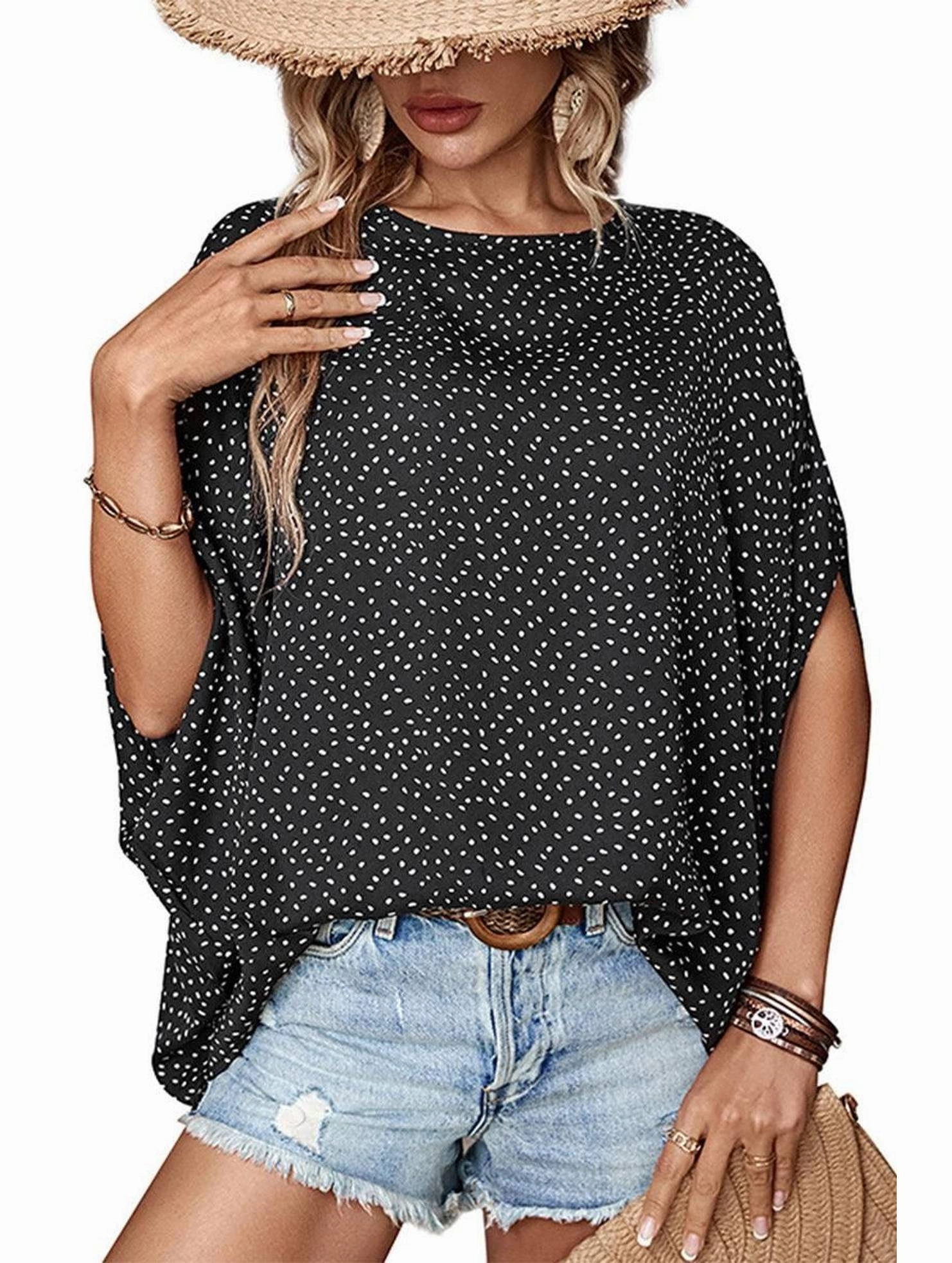MinimalistSilhouette BondedEdges DOLMAN SLEEVE POLKA DOT CHIFFON BLOUSE