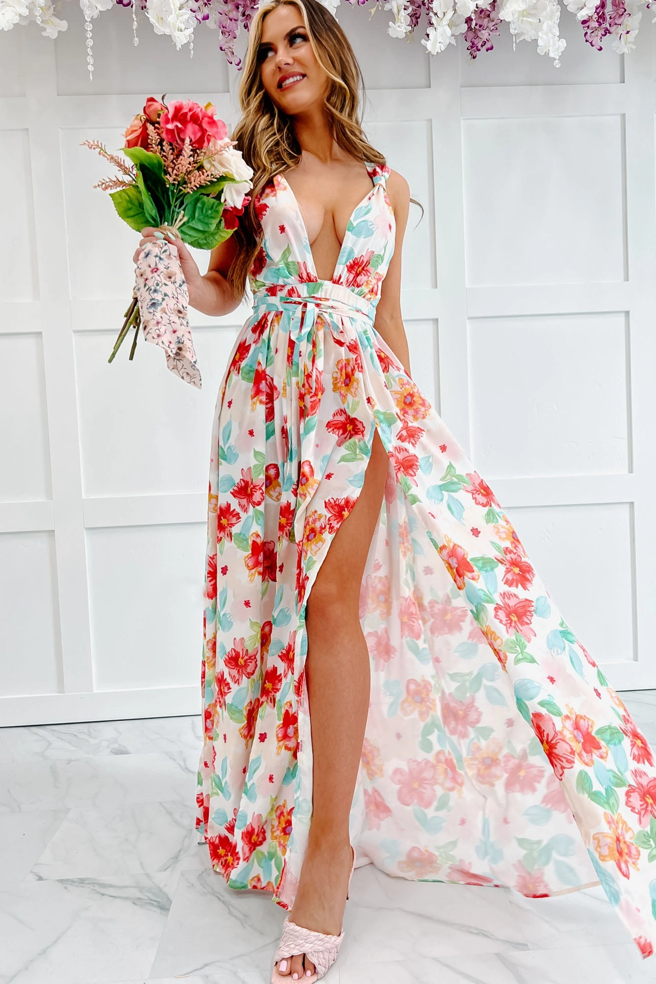 Strike A Pose Plunging Floral Maxi Dress (Ivory Multi) Everyday Fashion Yarn Dye Stripe