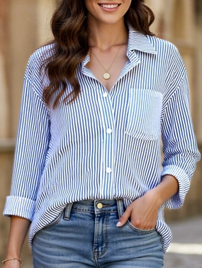 STRIPED BAGGY LAPEL LONG-SLEEVED BUTTON-UP SHIRT EcoFriendlyTexture
